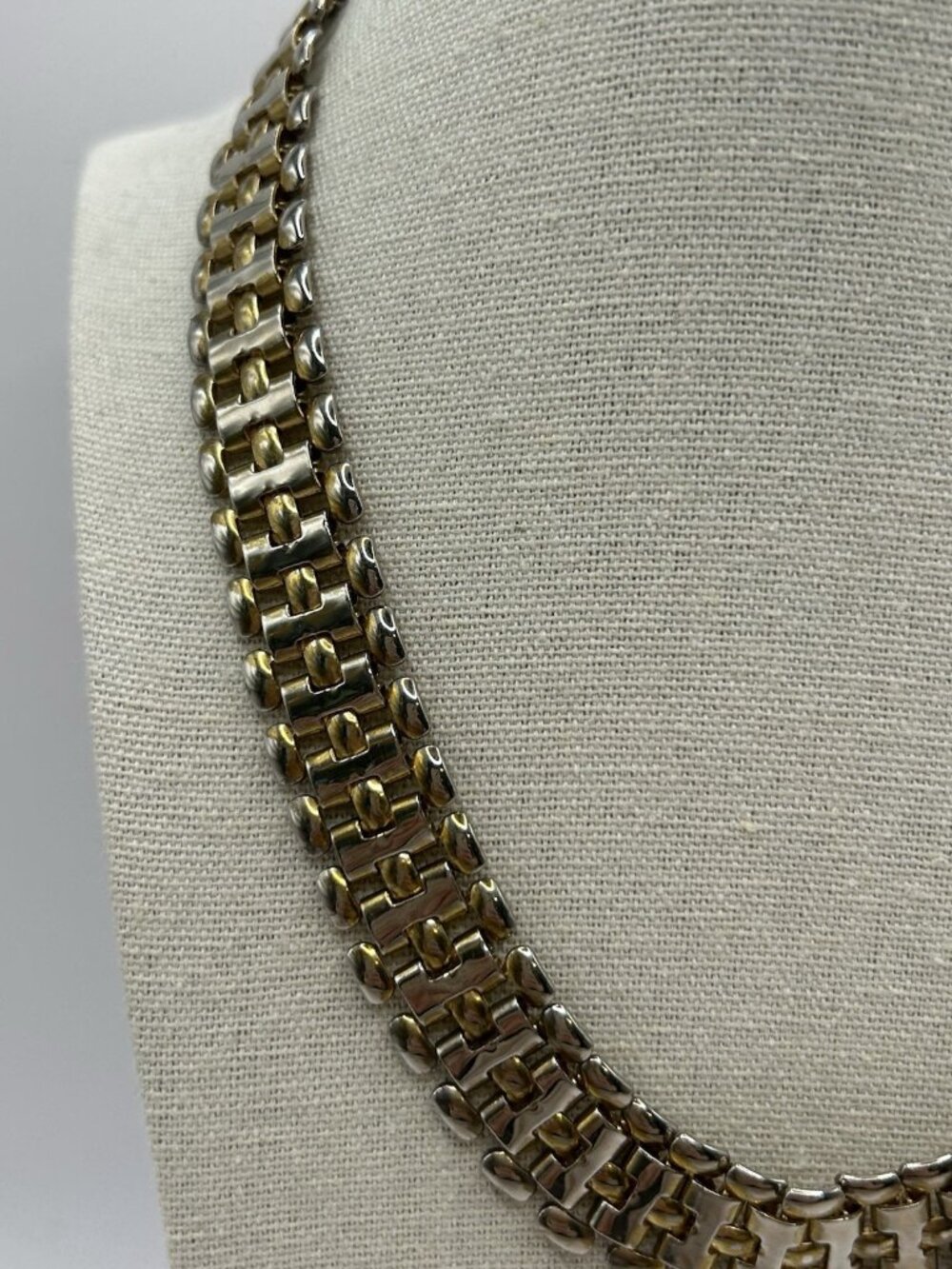 Vintage Two Tone Link Necklace Silver Gold Tone Chunky Statement 17” Bold Panel - Picture 3 of 11